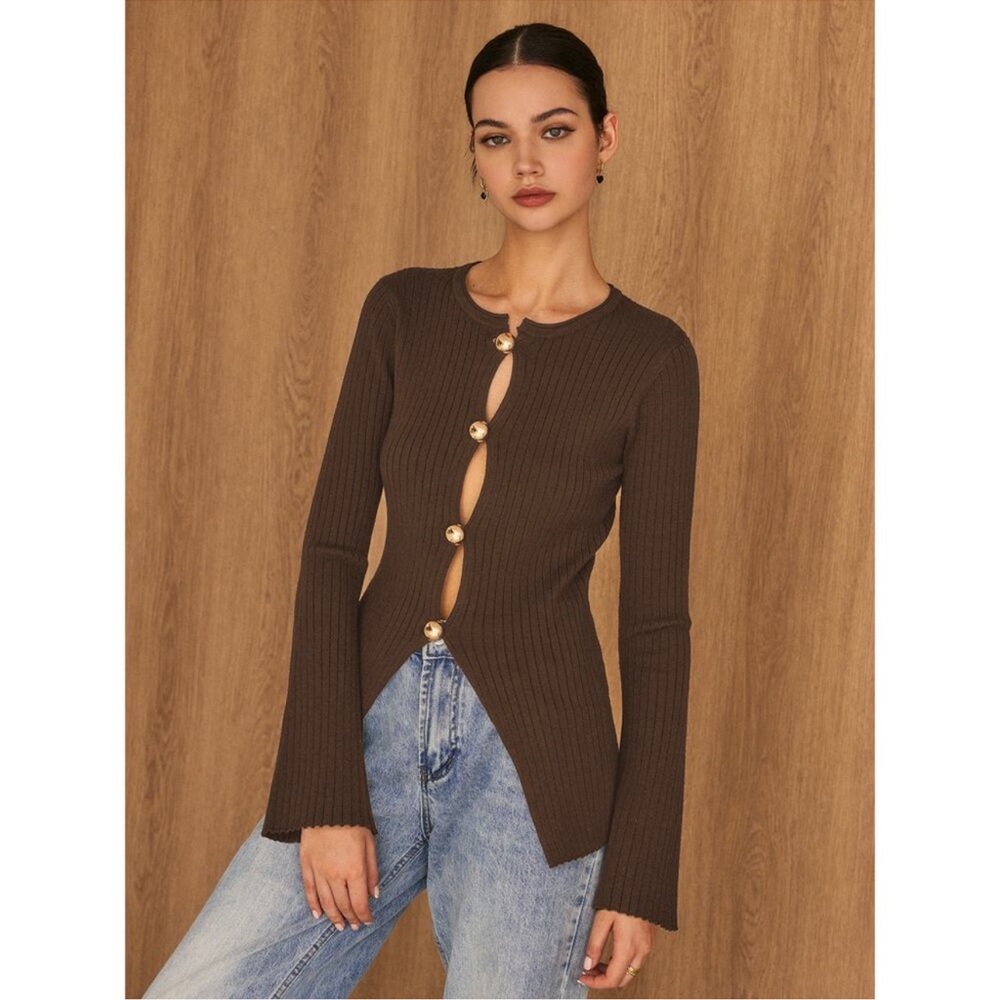 NWT Commense Brown Ribbed Top with Gold Buttons